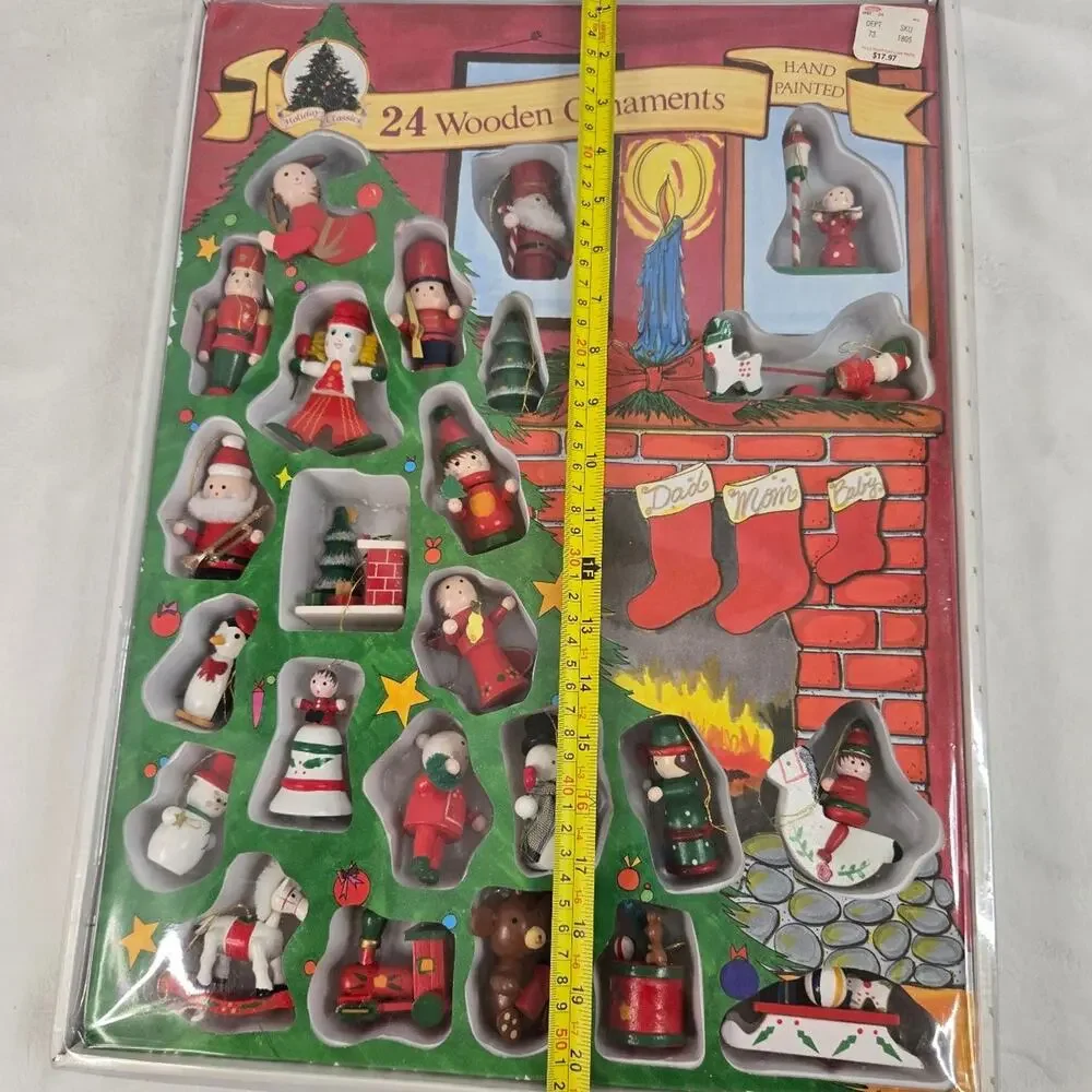 Vintage Set of 24 Hand-Painted Wooden Christmas Tree Ornaments in Original Box